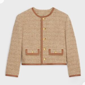 Authentic CELINE Boucle Camel Jacket with Leather trim 36 4